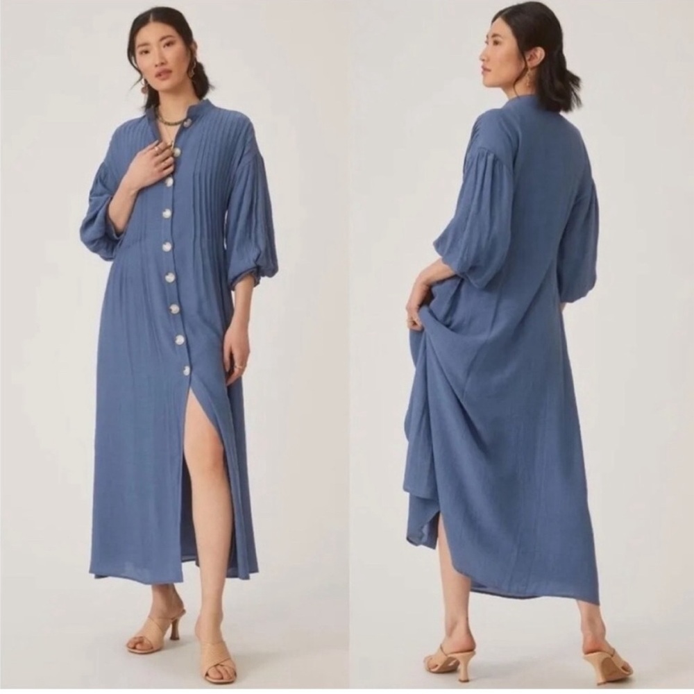 Anthropologie Slate Blue Button-Down Maxi Dress